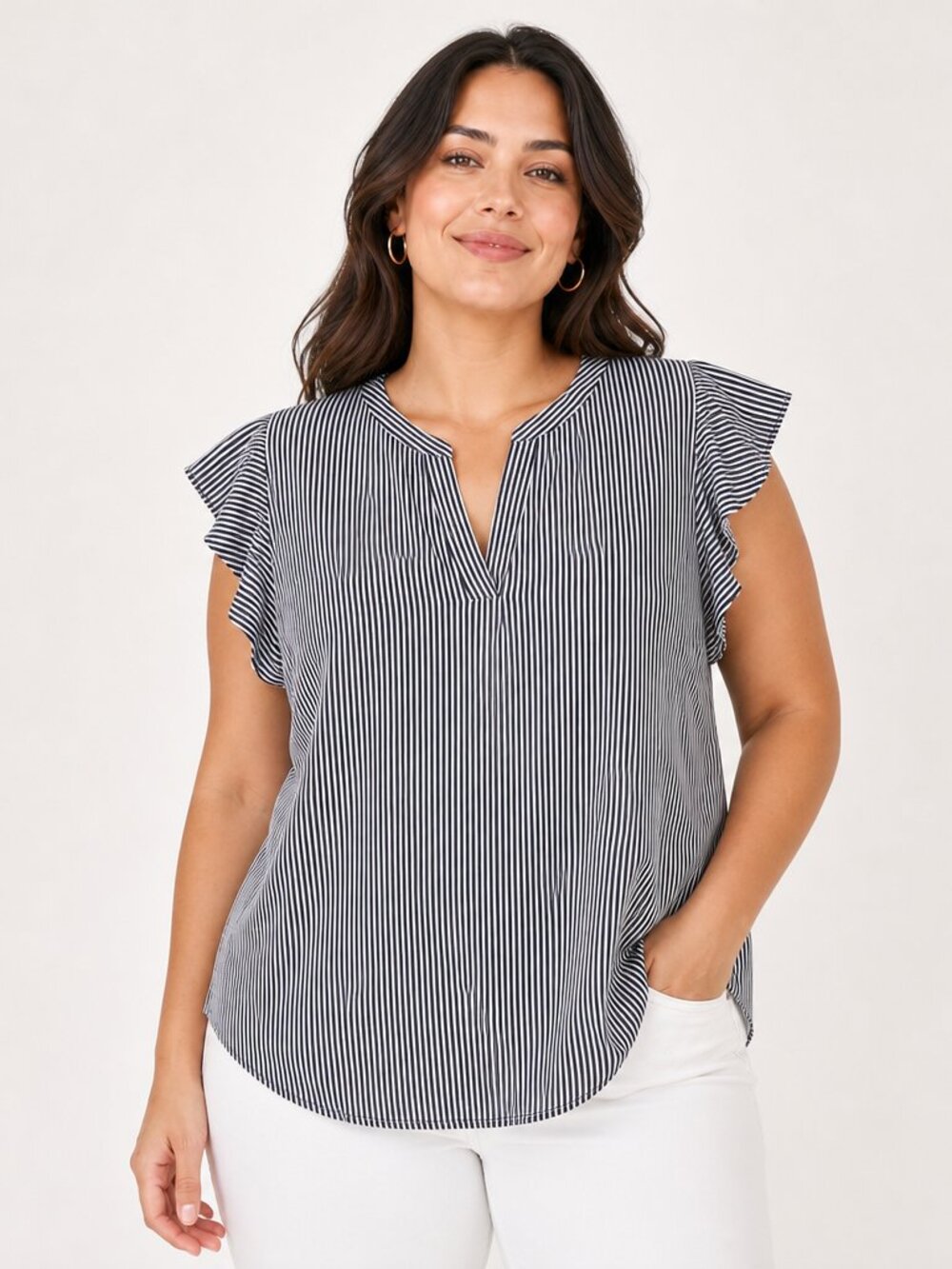 Adrianna Papell Navy Striped V-Neck Blouse